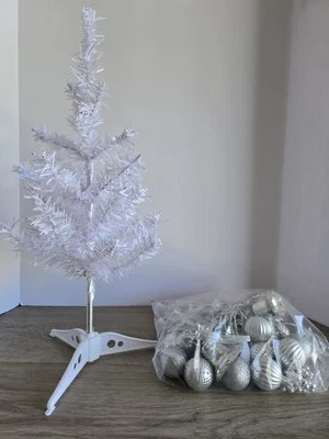 White Christmas Tree Small Artificial Mini Stand with lights and ornaments - Image 1 of 3