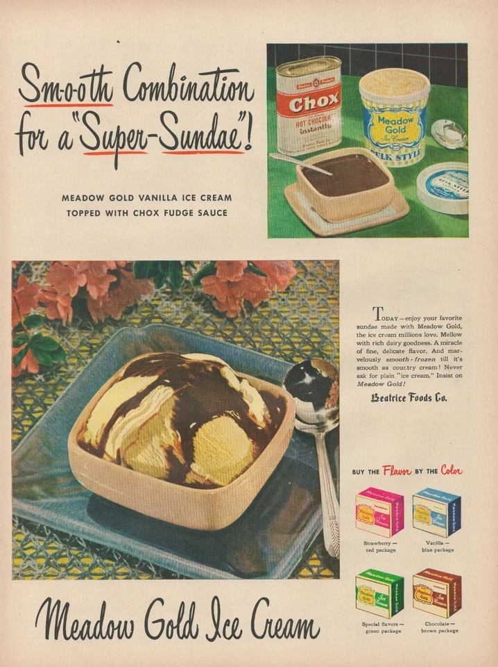 1948 Meadow Gold Ice Cream combinación suave para anuncio impreso "Super-Sundae" Foto 1 de 1