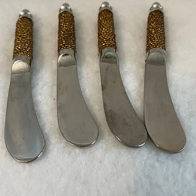 Cheese & Dip Spreader Knives Gold Bead Trim Handles Set of 4 - Image 1 of 4