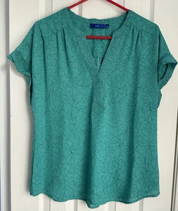 Apt 9 Women's Turquoise Floral V Neck Short Sleeve Blouse L EUC - Picture 1 of 2