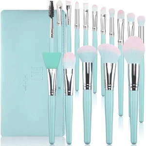 16pc Blue Wooden Makeup Brush Set w/ Travel Bag - Synthetic Vegan Brushes - Picture 1 of 7