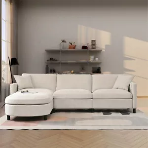 L-Shaped Modular Sectional Sofa Couch with Convertible Ottoman & Pillows-Beige - Picture 1 of 23