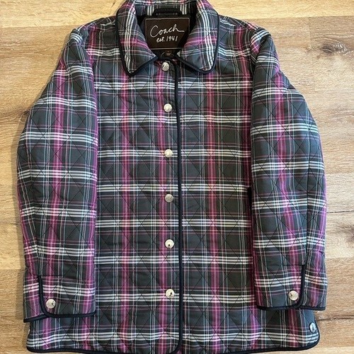 Giacca Coach trapuntata blu navy e viola stampa a quadri manica lunga snap davanti taglia M