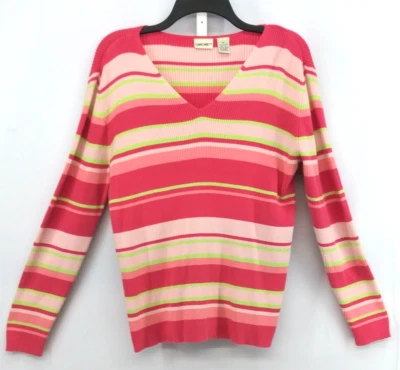 切诺基衬衫女式 XL 码粉色条纹长袖罗纹 V 领针织上衣 — 第 1/4 张图片