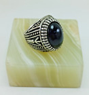Silver plated zinc metal ring with black  glass crystal stone for men 10 /2