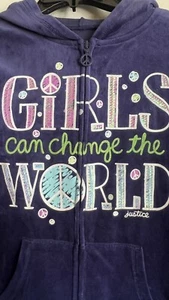 Justice NWT Velour Inspirational Girls Can Change the World Hoodie 14 Navy Zip - Picture 1 of 6