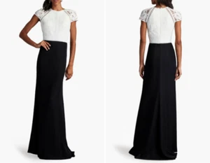 Vestido TADASHI SHOJI Negro Blanco Floral Encaje Corpiño Crepé Línea A Falda 10 M - Imagen 1 de 4