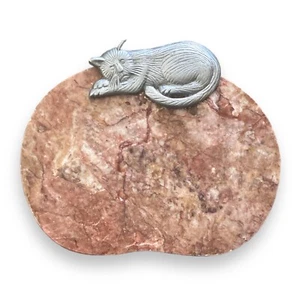 Vintage Pink Earth Tones Marble & Pewter Silver Cat Cutting Cheese Board 11x9" - Picture 1 of 4
