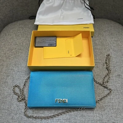FENDI Blue Embossed Leather Chain Clutch Bag 8M0219 NEW - Image 1 of 4