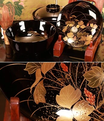 Japanese Lacquer Pair of Lidded Soup Bowl 3.23inch Gold Autumn Grass Design - Image 1 of 4
