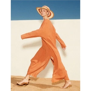 Zara fließendes Boho Kaftan Kleid mit Bindeband vorne M/L braun ausgefranst Festival Hippie - Bild 1 von 9