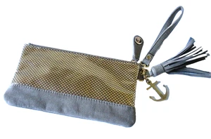 $129 PRETTY SHIPS Gold Mesh Nautiical Tassle WRISTLET Clutch Purse Anchor Boho - Picture 1 of 5