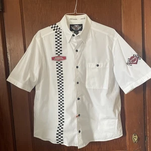 Harley Davidson camicia bianca abbottonata colletto a quadri righe ricamate M - Foto 1 di 8