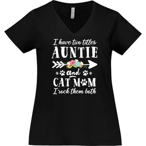 Inktastic I Have 2 Titles Auntie And Cat Mom I Rock Women's Plus Size V-Neck - Picture 1 of 1