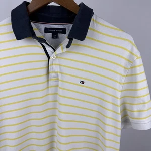 Tommy Hilfiger Poloshirt Herren Large weiß gelb Streifen blauer Kragen - Bild 1 von 11