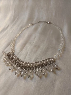 Statement Necklace Crystal Pearls Beaded Handmade Netted Party Bridal Wedding - Immagine 1 di 4
