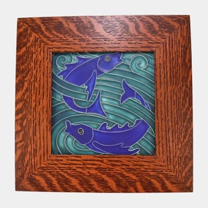 Motawi Tileworks handgefertigte Kunstkeramik blau stilisierte gerahmte Fischfliese - Bild 1 von 6