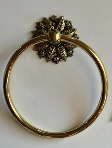 Vintage Hollywood Regency Brass Towel Ring Rose & Leaf Accents Wall Mounted - Picture 1 of 6