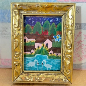Miniature Painting, Island Village w Pelicans Watercolor Gouache, Unsigned 3"x2" - Picture 1 of 4