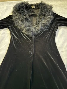 Vintage UNE Velvet Faux Fur Duster Coat Dress Large Made in USA Goth Morticia - Picture 1 of 13