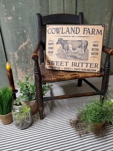 PRIMITIVE ANTIQUE VINTAGE STYLE DAIRY COWLAND FARM ADVERTISING BUTTER COW SIGN - Imagen 1 de 11