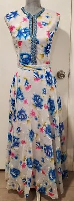Maxi Vestido Vintage Años 60 Azul Rosa Floral Gasa Transparente Escote Lentejuelas Foto 1 de 4