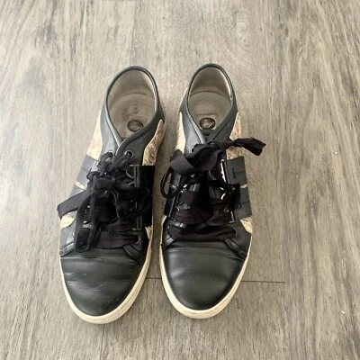 Lanvin Black Leather Ribbon Lace Up Low Top Sneakers Size 38 - Image 1 of 4