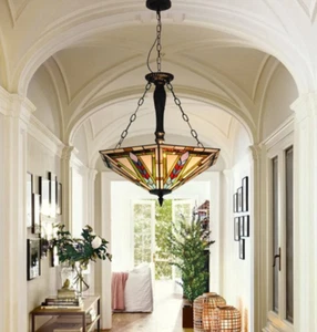 Reverse Hanging 5-Lights Stained Glass Ceiling Light Tiffany Style Chandeliers - Picture 1 of 12