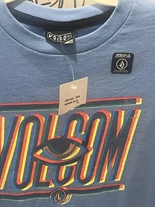 NEW VOLCOM Youth Boys T-Shirt XL 16 Blue Script Logo Evil Eye Short Sleeve Tee - Picture 1 of 6