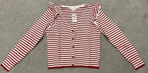 Charter Club Women’s Sail Away Red White Striped V Neck Button Sweater Size L - Picture 1 of 4