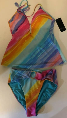 Rachel Roy 2pc Swim Suit Ombre Stripe High Waist Bikini Swimwear Multicolr Sz S  - Image 1 of 4