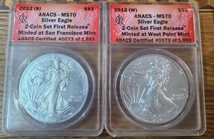 2012(W),(S) 2 coin American eagle silver proof set MS70 NO RESERVE - Picture 1 of 2