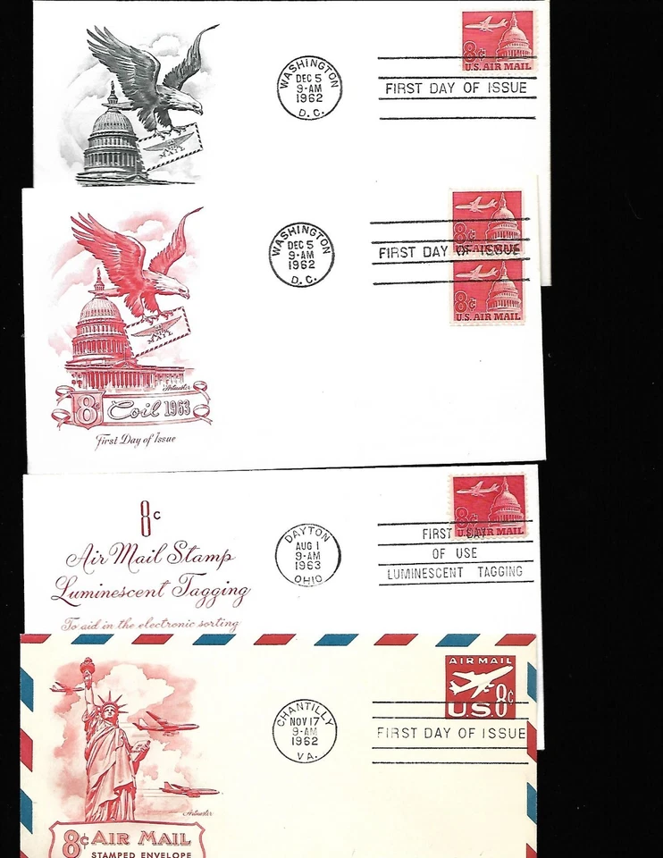 Lot of 8 Cents Airmail First Day Covers- Single, Coil, Luminescent, Envelope - Image 1 of 1