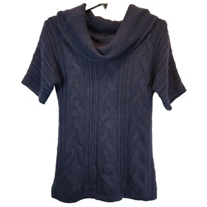 Banana Republic Cable Knit Sweater Women Sz M Blue Navy Short Sleeve Turtleneck - Picture 1 of 6