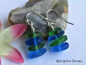 Green & Blue Sea Glass Pebble Earrings Silver Plated Usa Handmade - Picture 1 of 7