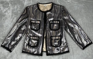 CACHE Jacket Size Medium Silver + Black Sequin Metallic Lined Quiet Luxury Shiny - Picture 1 of 13