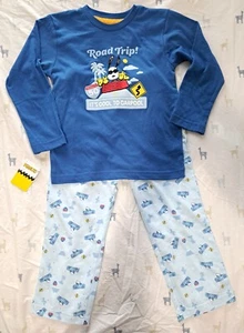 NWT Peanuts 2Pc Kids Pajama Set M LS Shirt Top Drawstring Pants Snoopy Road Trip - Picture 1 of 9