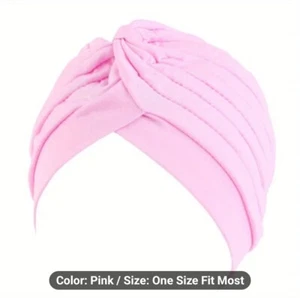 PINK Candy Color Pleated Turban Cap Head Wrap Elastic Hijab Hat Beanie - Picture 1 of 3