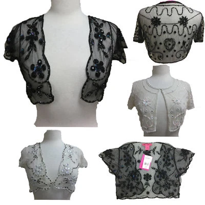 Bolero Betsey Johnson encogido de hombros elegante para mujer lentejuelas con cuentas, manga gorra transparente Foto 1 de 2