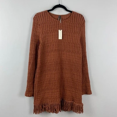 Mini Vestido Anthropologie Manga Larga Tejido Talla Grande Marrón Mezcla Algodón Flecos Foto 1 de 4