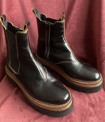 Free People Vance Chelsea Black Shiny Leather Platform Boots Size 39/ US 8.5 - Image 1 of 4