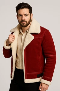 Men’s Red Shearling Leather Jacket | Winter Aviator Coat with White Fur Lining - Picture 1 of 8
