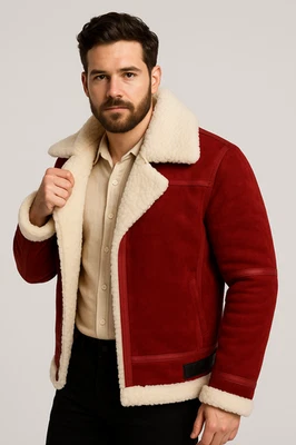 Men’s Red Shearling Leather Jacket | Winter Aviator Coat with White Fur Lining - Image 1 of 4