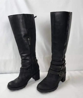 UGG 女式 6 码 Lana 高骑手黑色皮靴粗跟凸耳鞋底 1012904 — 第 1/4 张图片