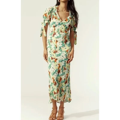 NUEVO Vestido Anthropologie Floral Chifón Manga Corbata Sin Mangas Midi Salvia Multi S Nuevo con Etiquetas Foto 1 de 4