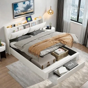 Polsterbett Boxspringbett 140x200 cm mit LED USB Lattenrost Stauraum Doppelbett - Bild 1 von 12