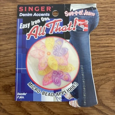 SINGER ALL THAT  IRON-ON Microbead Patches 2 Dazzling’ Flowers Denim Jeans - Image 1 of 2