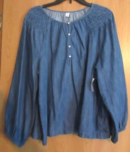 OLD NAVY SIZE L WOMENS SMOCKED LONG SLEEVE COTTON BLOUSE BUTTON FRONT - Picture 1 of 6