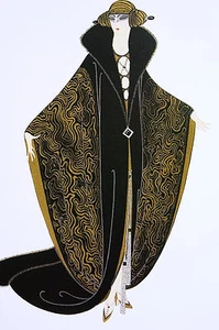 Erte 1982 - GOLDEN CLOAK - Lady in Opera Coat Fur Trim - Art Deco Print Matted - Picture 1 of 8