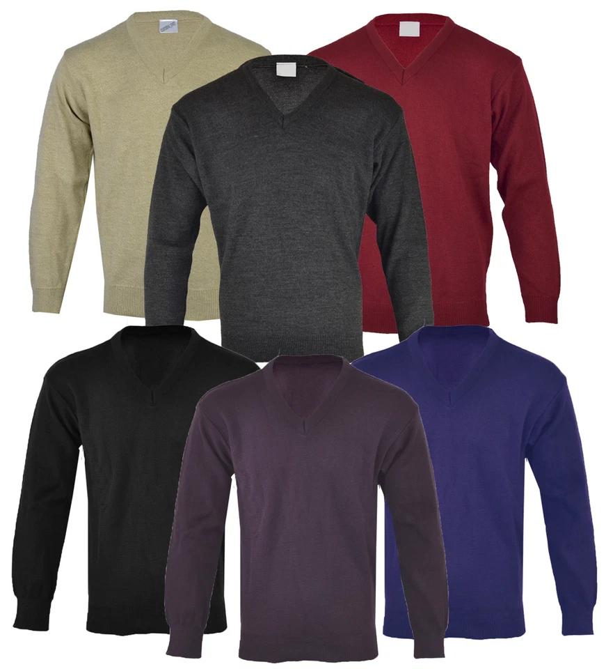 Mens Classic Plain V Neck Long Sleeve Jumper Pull Over Work Casual S-XXL